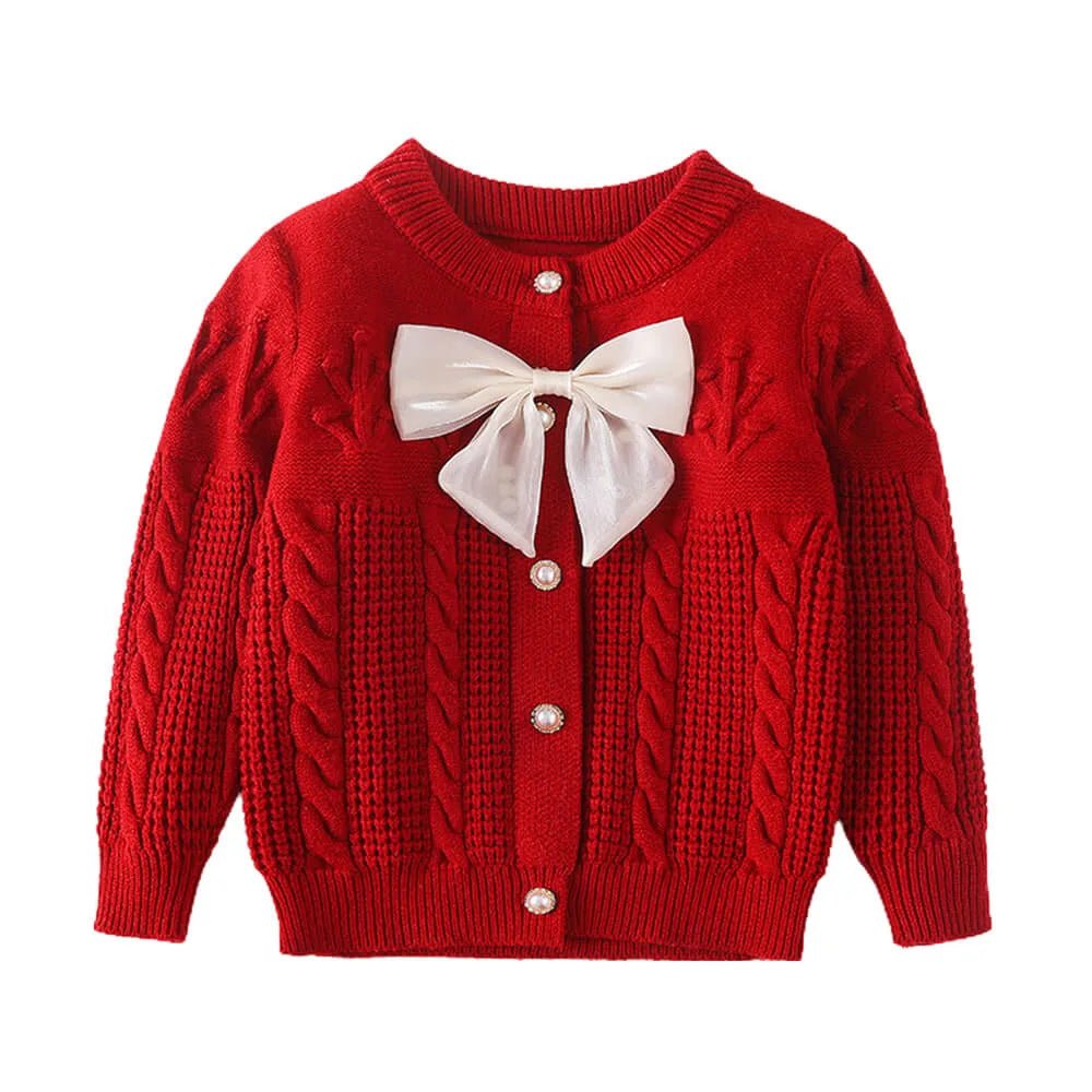 Kids Red Knitted Cardigan Sweater with Bow