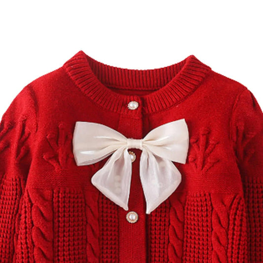 Kids Red Knitted Cardigan Sweater with Bow