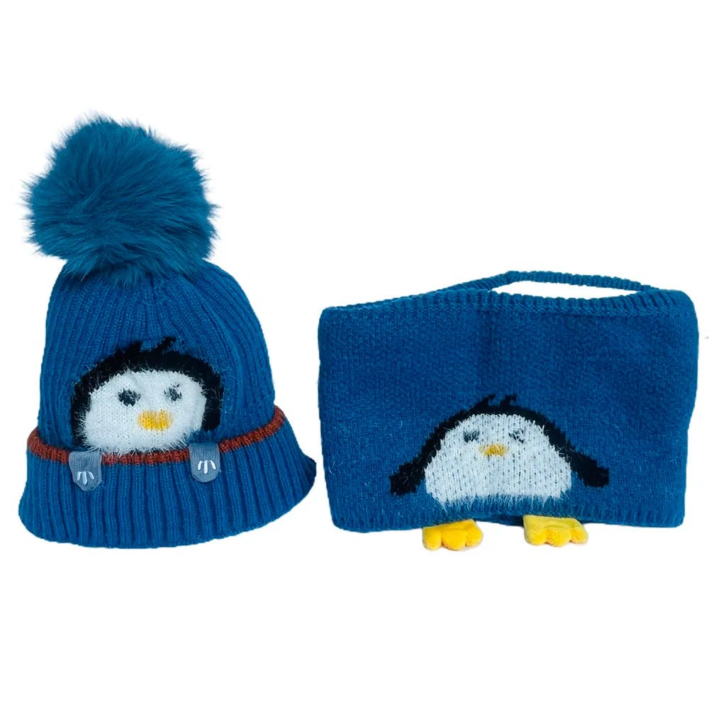 Light Blue Penguin Woven Stretchable Woolen Winter Cap For Kids With Matching Neck Muffler Set (3-10Yrs) - Little Surprise BoxLight Blue Penguin Woven Stretchable Woolen Winter Cap For Kids With Matching Neck Muffler Set (3-10Yrs)