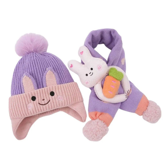 Lilac Bunny with Carrot Kids Winter Cap & Neck Muffler Set - Little Surprise BoxLilac Bunny with Carrot Kids Winter Cap & Neck Muffler Set