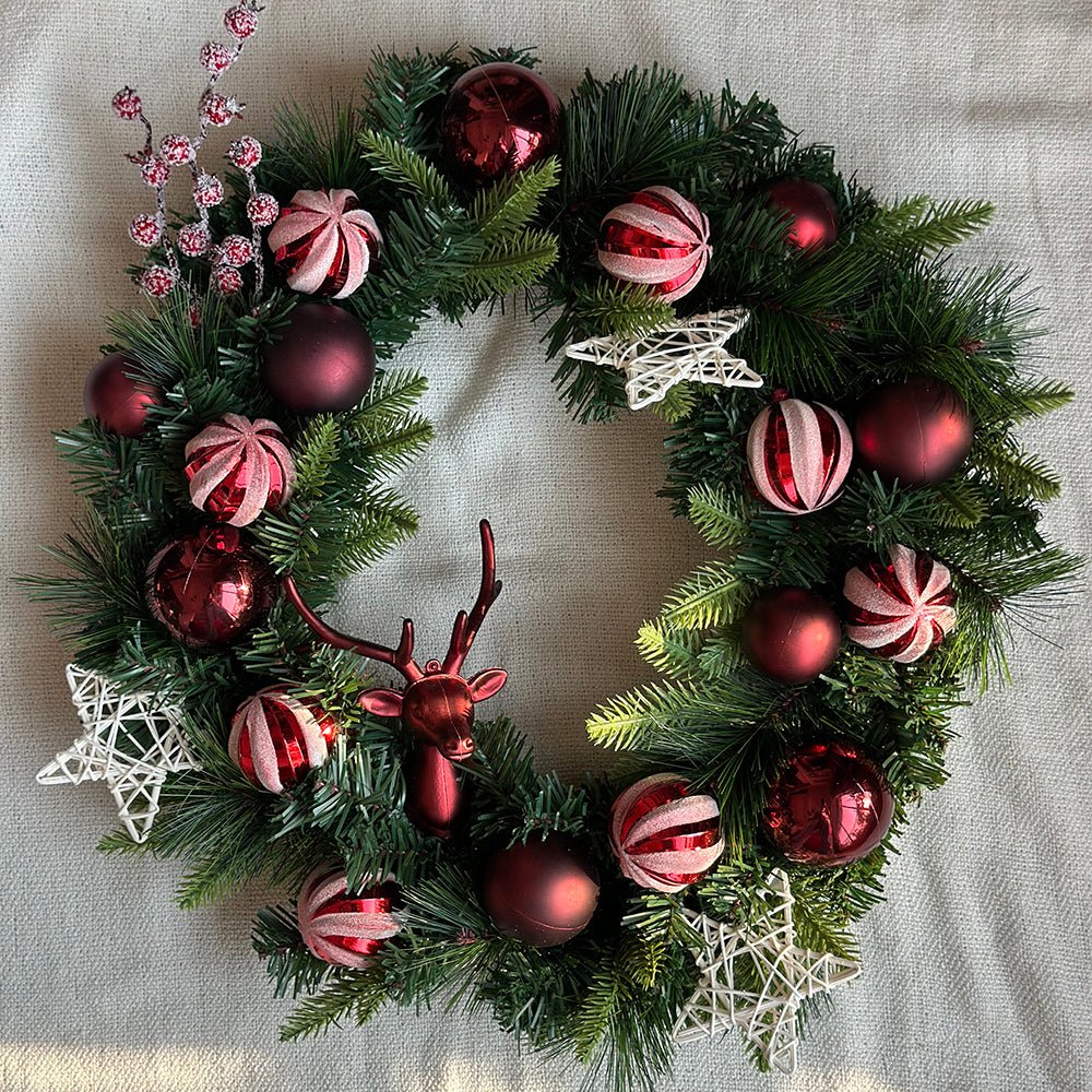 Maroon Reindeer Artifical Wreath for Wall,Door and Tree Décor - Little Surprise BoxMaroon Reindeer Artifical Wreath for Wall,Door and Tree Décor