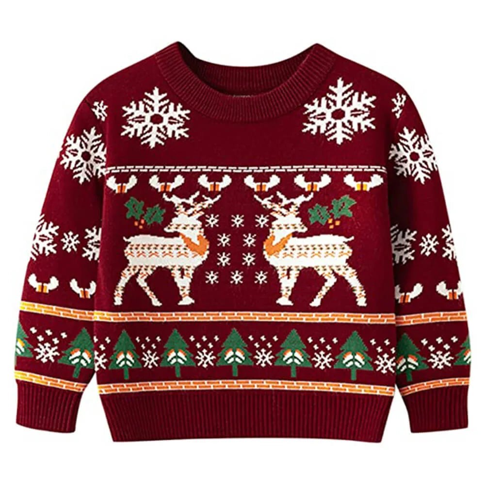 Maroon, Snowflakes & Deer Kids Cardigan Sweater, Round Neck - Little Surprise BoxMaroon, Snowflakes & Deer Kids Cardigan Sweater, Round Neck