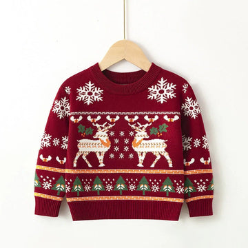 Maroon, Snowflakes & Deer Kids Cardigan Sweater, Round Neck - Little Surprise BoxMaroon, Snowflakes & Deer Kids Cardigan Sweater, Round Neck