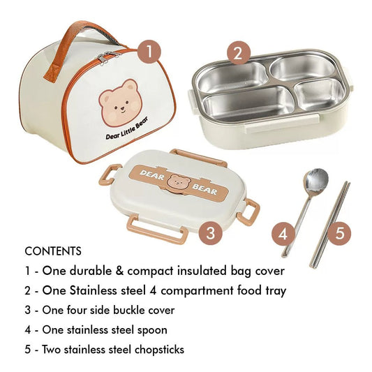 Medium Size Stainless Steel Lunch Box /Tiffin with Insulated Matching Vertical Lunch Bag for Kids and Adults, Cream Brown Bear with Steel Spoon and Steel Chopsticks for Kids and Adults - Little Surprise BoxMedium Size Stainless Steel Lunch Box /Tiffin with Insulated Matching Vertical Lunch Bag for Kids and Adults, Cream Brown Bear with Steel Spoon and Steel Chopsticks for Kids and Adults