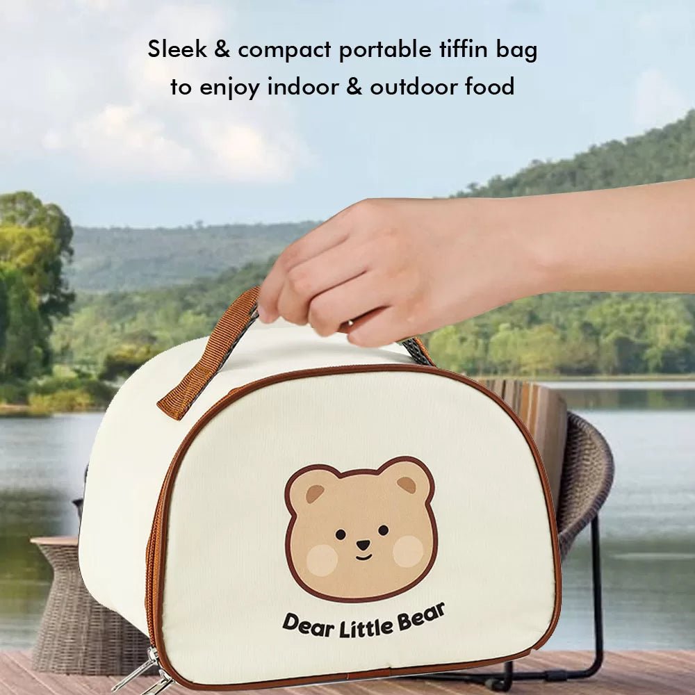 Medium Size Stainless Steel Lunch Box /Tiffin with Insulated Matching Vertical Lunch Bag for Kids and Adults, Cream Brown Bear with Steel Spoon and Steel Chopsticks for Kids and Adults - Little Surprise BoxMedium Size Stainless Steel Lunch Box /Tiffin with Insulated Matching Vertical Lunch Bag for Kids and Adults, Cream Brown Bear with Steel Spoon and Steel Chopsticks for Kids and Adults