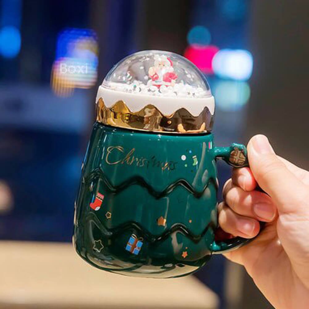 Merry Christmas Ceramic Coffee and Hot Chocolate Mug - Green 3d Globe Lid Style, 330 ml - Little Surprise BoxMerry Christmas Ceramic Coffee and Hot Chocolate Mug - Green 3d Globe Lid Style, 330 ml