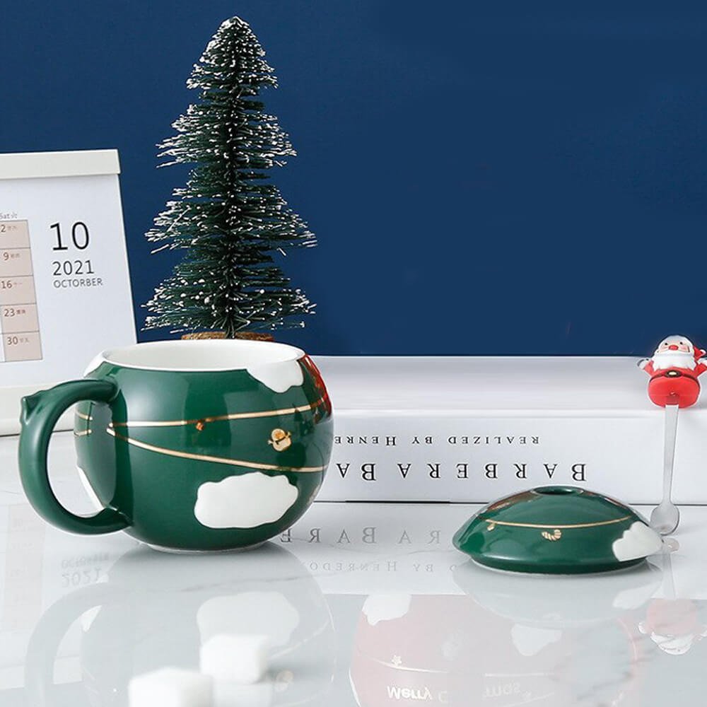 Merry Christmas Ceramic Coffee and Hot Chocolate Mug - Green Round Cup with Matching Ceramic Lid and embellished Spoon, 330 ml - Little Surprise BoxMerry Christmas Ceramic Coffee and Hot Chocolate Mug - Green Round Cup with Matching Ceramic Lid and embellished Spoon, 330 ml