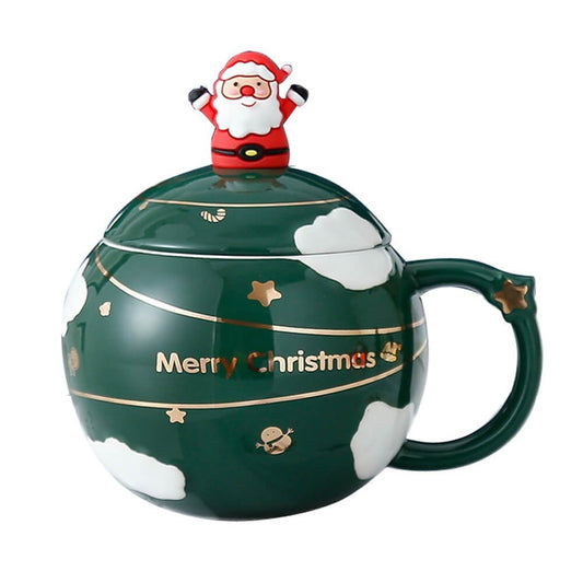 Merry Christmas Ceramic Coffee and Hot Chocolate Mug - Green Round Cup with Matching Ceramic Lid and embellished Spoon, 330 ml - Little Surprise BoxMerry Christmas Ceramic Coffee and Hot Chocolate Mug - Green Round Cup with Matching Ceramic Lid and embellished Spoon, 330 ml