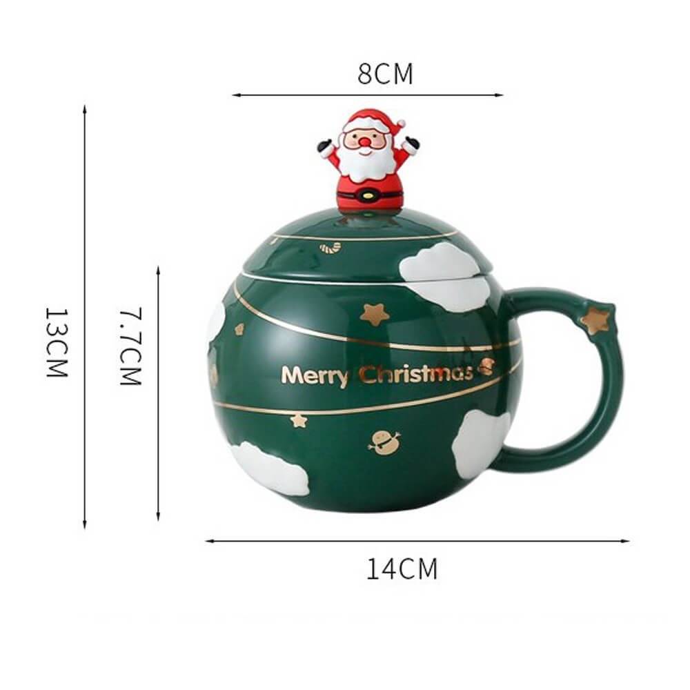 Merry Christmas Ceramic Coffee and Hot Chocolate Mug - Green Round Cup with Matching Ceramic Lid and embellished Spoon, 330 ml - Little Surprise BoxMerry Christmas Ceramic Coffee and Hot Chocolate Mug - Green Round Cup with Matching Ceramic Lid and embellished Spoon, 330 ml