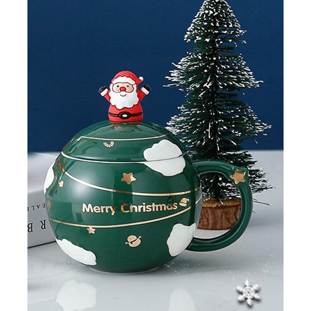 Merry Christmas Ceramic Coffee and Hot Chocolate Mug - Green Round Cup with Matching Ceramic Lid and embellished Spoon, 330 ml - Little Surprise BoxMerry Christmas Ceramic Coffee and Hot Chocolate Mug - Green Round Cup with Matching Ceramic Lid and embellished Spoon, 330 ml