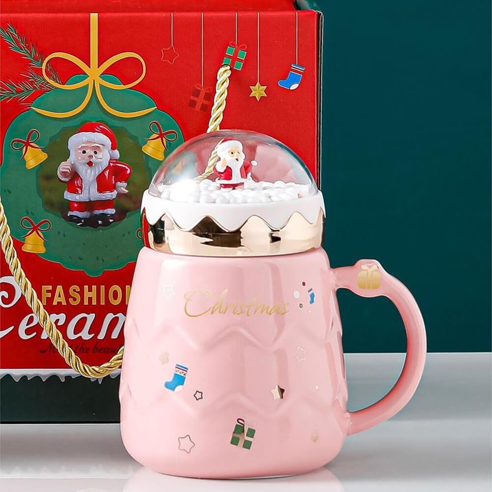 Merry Christmas Ceramic Coffee and Hot Chocolate Mug - Pink 3d Globe Lid Style, 330 ml - Little Surprise BoxMerry Christmas Ceramic Coffee and Hot Chocolate Mug - Pink 3d Globe Lid Style, 330 ml