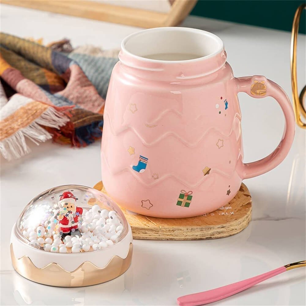 Merry Christmas Ceramic Coffee and Hot Chocolate Mug - Pink 3d Globe Lid Style, 330 ml - Little Surprise BoxMerry Christmas Ceramic Coffee and Hot Chocolate Mug - Pink 3d Globe Lid Style, 330 ml