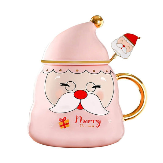 Merry Christmas Ceramic Coffee and Hot Chocolate Mug - Pink Santa Face style Cup with Matching Cap Style Ceramic Lid and embellished Spoon, 330 ml - Little Surprise BoxMerry Christmas Ceramic Coffee and Hot Chocolate Mug - Pink Santa Face style Cup with Matching Cap Style Ceramic Lid and embellished Spoon, 330 ml