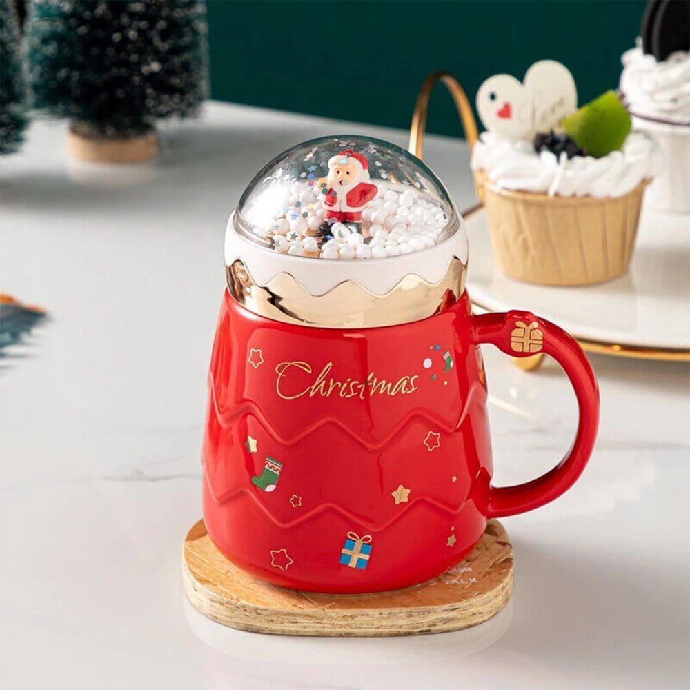 Merry Christmas Ceramic Coffee and Hot Chocolate Mug - Red 3d Globe Lid Style, 330 ml - Little Surprise BoxMerry Christmas Ceramic Coffee and Hot Chocolate Mug - Red 3d Globe Lid Style, 330 ml