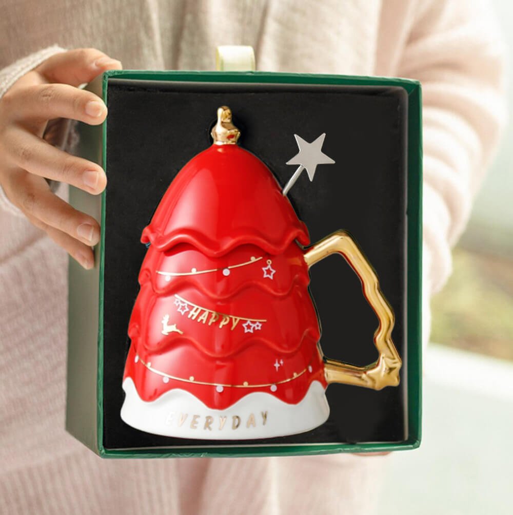 Merry Christmas Ceramic Coffee and Hot Chocolate Mug - Red Christmas Tree style Cup with Matching Ceramic Lid and embellished Spoon, 330 ml - Little Surprise BoxMerry Christmas Ceramic Coffee and Hot Chocolate Mug - Red Christmas Tree style Cup with Matching Ceramic Lid and embellished Spoon, 330 ml