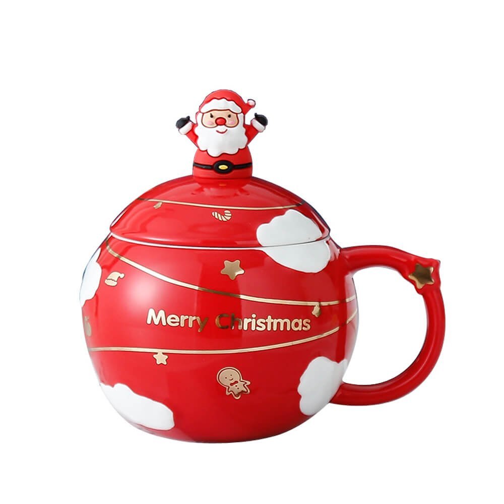 Merry Christmas Ceramic Coffee and Hot Chocolate Mug - Red Round Cup with Matching Ceramic Lid and embellished Spoon, 330 ml - Little Surprise BoxMerry Christmas Ceramic Coffee and Hot Chocolate Mug - Red Round Cup with Matching Ceramic Lid and embellished Spoon, 330 ml