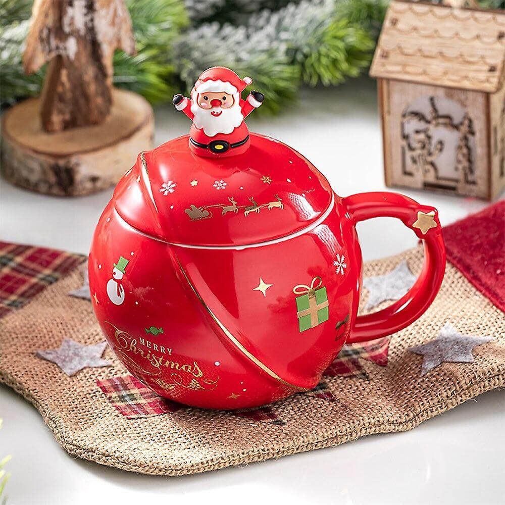 Merry Christmas Ceramic Coffee and Hot Chocolate Mug - Red Round Cup with Matching Ceramic Lid and embellished Spoon, 330 ml - Little Surprise BoxMerry Christmas Ceramic Coffee and Hot Chocolate Mug - Red Round Cup with Matching Ceramic Lid and embellished Spoon, 330 ml