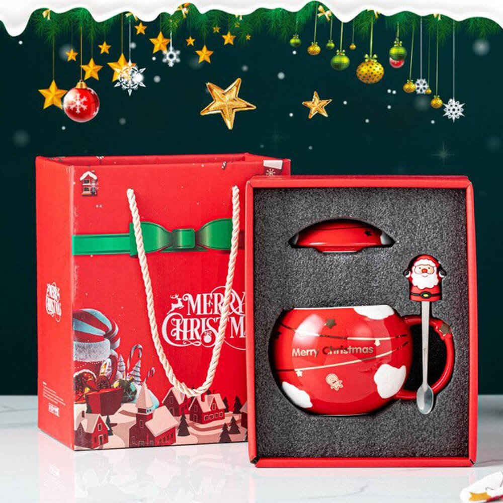 Merry Christmas Ceramic Coffee and Hot Chocolate Mug - Red Round Cup with Matching Ceramic Lid and embellished Spoon, 330 ml - Little Surprise BoxMerry Christmas Ceramic Coffee and Hot Chocolate Mug - Red Round Cup with Matching Ceramic Lid and embellished Spoon, 330 ml