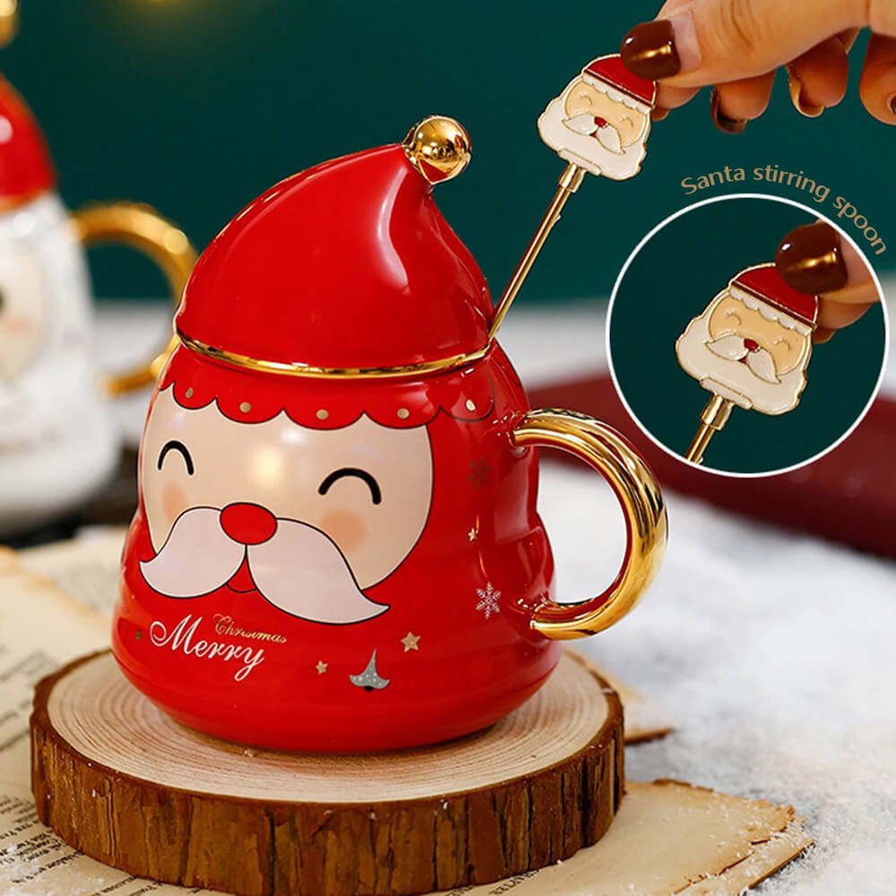 Merry Christmas Ceramic Coffee and Hot Chocolate Mug - Red Santa Face style Cup with Matching Cap Style Ceramic Lid and embellished Spoon, 330 ml - Little Surprise BoxMerry Christmas Ceramic Coffee and Hot Chocolate Mug - Red Santa Face style Cup with Matching Cap Style Ceramic Lid and embellished Spoon, 330 ml