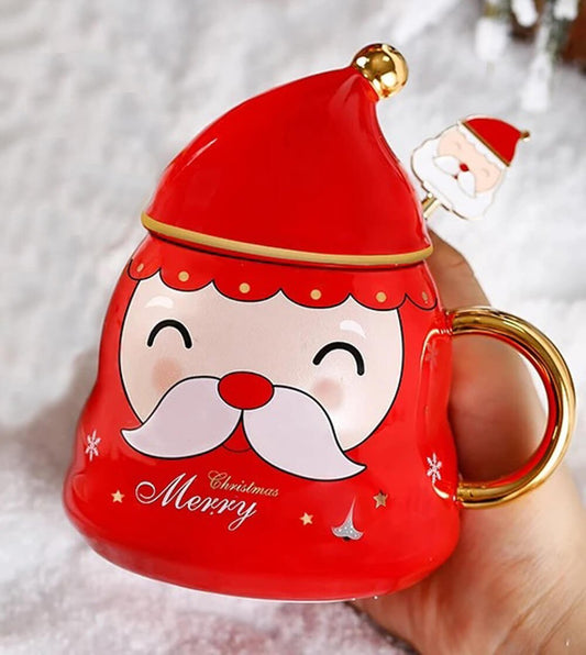 Merry Christmas Ceramic Coffee and Hot Chocolate Mug - Red Santa Face style Cup with Matching Cap Style Ceramic Lid and embellished Spoon, 330 ml - Little Surprise BoxMerry Christmas Ceramic Coffee and Hot Chocolate Mug - Red Santa Face style Cup with Matching Cap Style Ceramic Lid and embellished Spoon, 330 ml