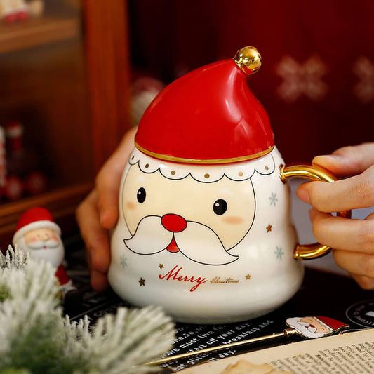 Merry Christmas Ceramic Coffee and Hot Chocolate Mug - White Santa Face style Cup with Matching Cap Style Ceramic Lid and embellished Spoon, 330 ml - Little Surprise BoxMerry Christmas Ceramic Coffee and Hot Chocolate Mug - White Santa Face style Cup with Matching Cap Style Ceramic Lid and embellished Spoon, 330 ml