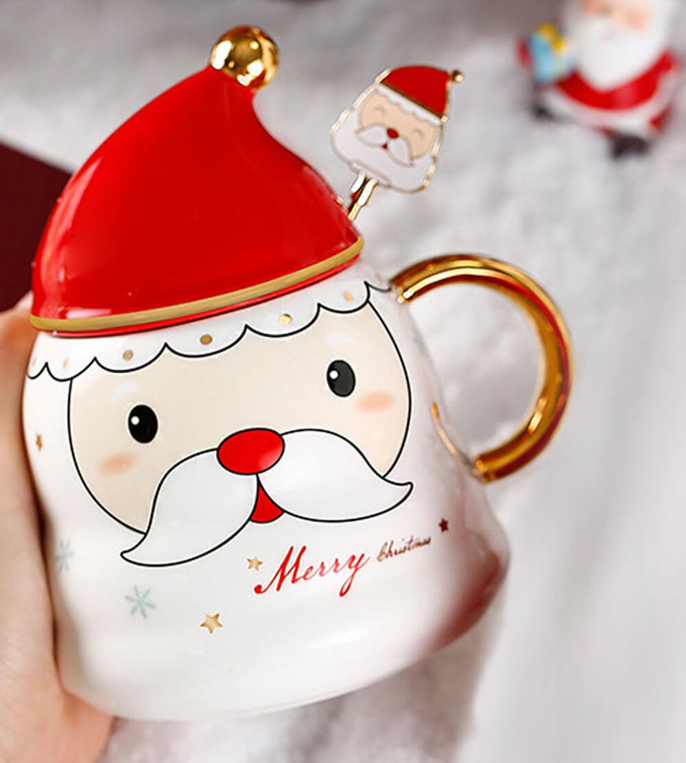 Merry Christmas Ceramic Coffee and Hot Chocolate Mug - White Santa Face style Cup with Matching Cap Style Ceramic Lid and embellished Spoon, 330 ml - Little Surprise BoxMerry Christmas Ceramic Coffee and Hot Chocolate Mug - White Santa Face style Cup with Matching Cap Style Ceramic Lid and embellished Spoon, 330 ml