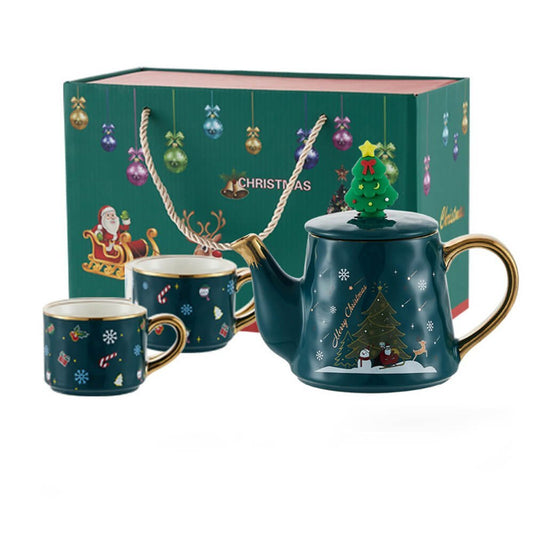 Merry Christmas Ceramic Tea Pot with matching 2 Coffee Cup Set - Green & Gold (550 ml teapot and 220 ml cups), Pack of 3 - Little Surprise BoxMerry Christmas Ceramic Tea Pot with matching 2 Coffee Cup Set - Green & Gold (550 ml teapot and 220 ml cups), Pack of 3