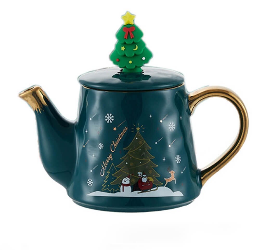 Merry Christmas Ceramic Tea Pot with matching 2 Coffee Cup Set - Green & Gold (550 ml teapot and 220 ml cups), Pack of 3 - Little Surprise BoxMerry Christmas Ceramic Tea Pot with matching 2 Coffee Cup Set - Green & Gold (550 ml teapot and 220 ml cups), Pack of 3