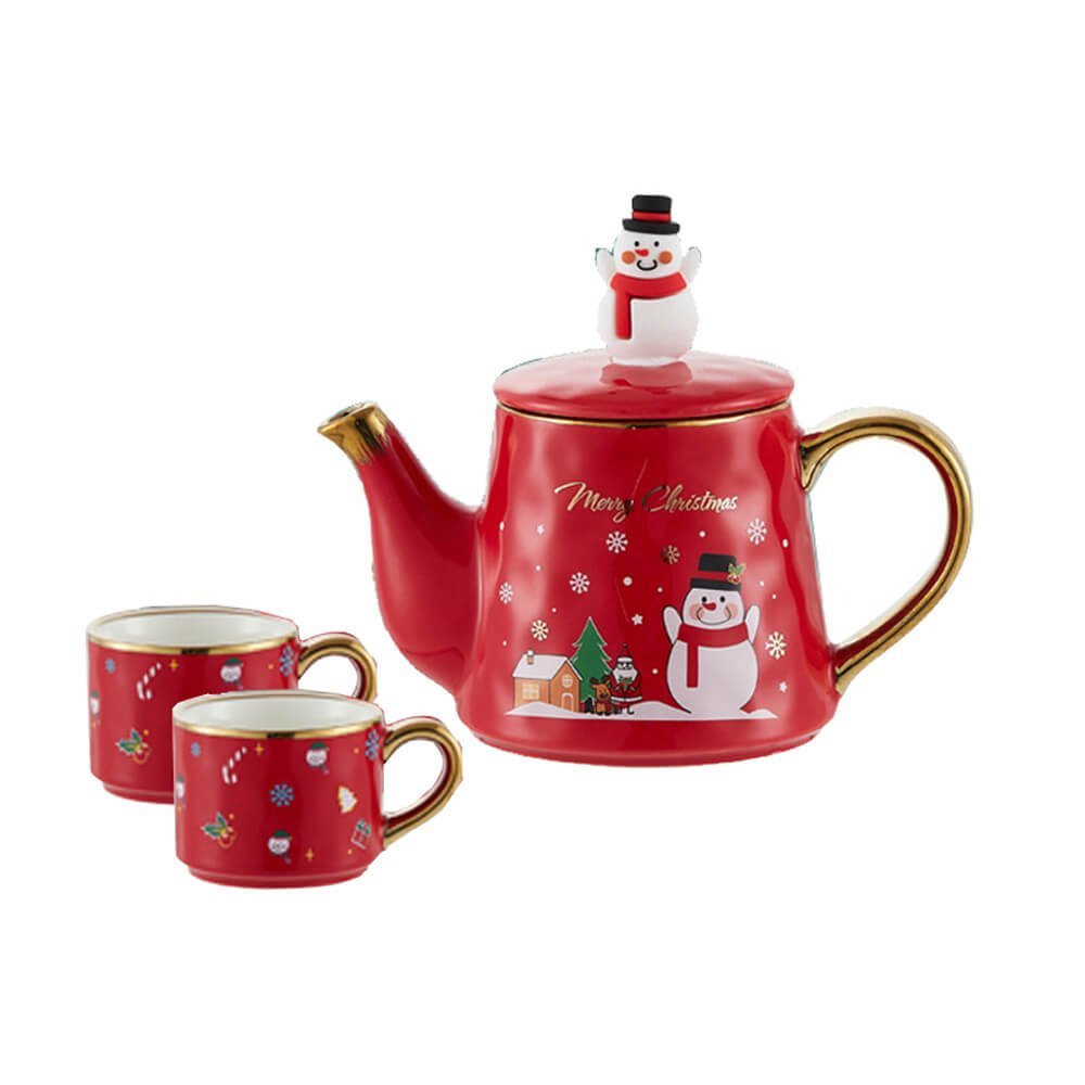 Merry Christmas Ceramic Tea Pot with matching 2 Coffee Cup Set - Red & Gold (550 ml teapot and 220 ml cups), Pack of 3 - Little Surprise BoxMerry Christmas Ceramic Tea Pot with matching 2 Coffee Cup Set - Red & Gold (550 ml teapot and 220 ml cups), Pack of 3