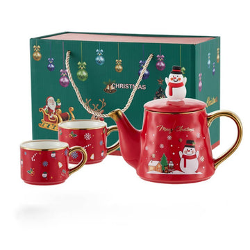 Merry Christmas Ceramic Tea Pot with matching 2 Coffee Cup Set - Red & Gold (550 ml teapot and 220 ml cups), Pack of 3 - Little Surprise BoxMerry Christmas Ceramic Tea Pot with matching 2 Coffee Cup Set - Red & Gold (550 ml teapot and 220 ml cups), Pack of 3
