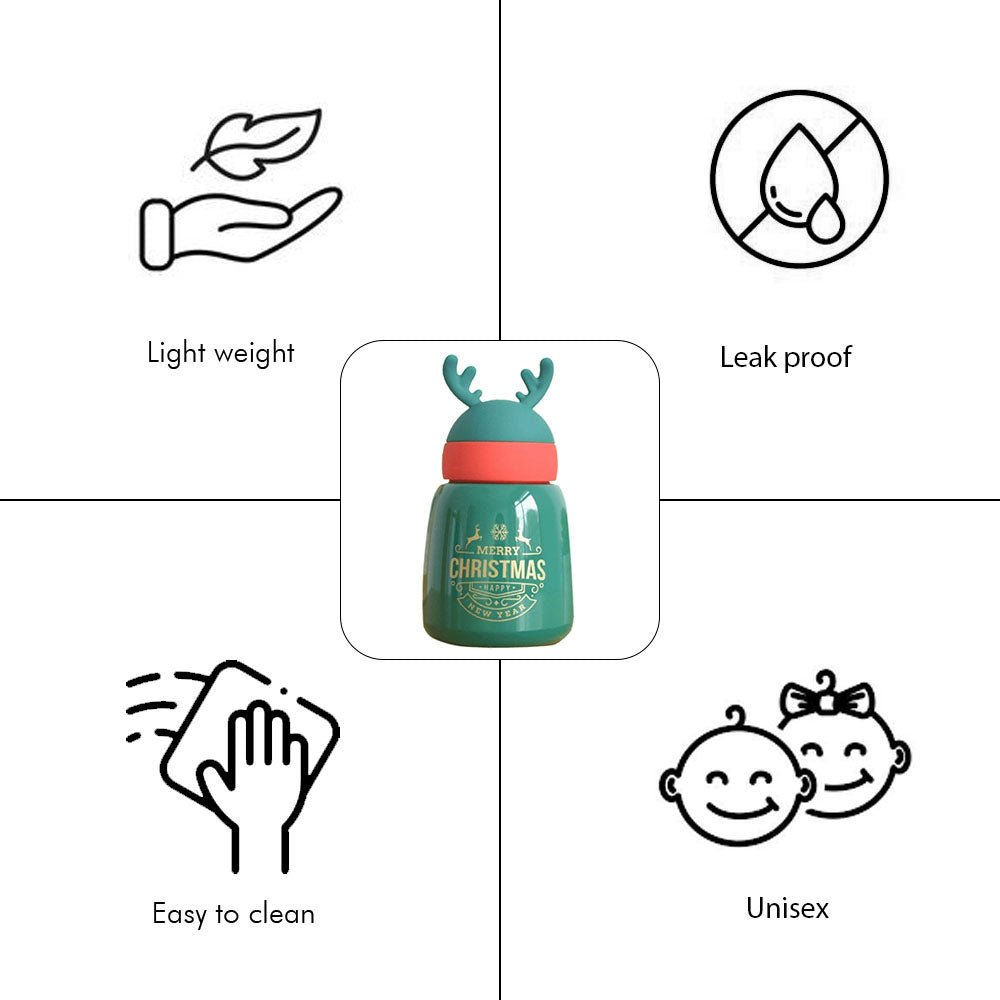 Mini Belly Green Antler Stainless Steel Sleek Christmas Water Bottle for Kids, 300ML - Little Surprise BoxMini Belly Green Antler Stainless Steel Sleek Christmas Water Bottle for Kids, 300ML