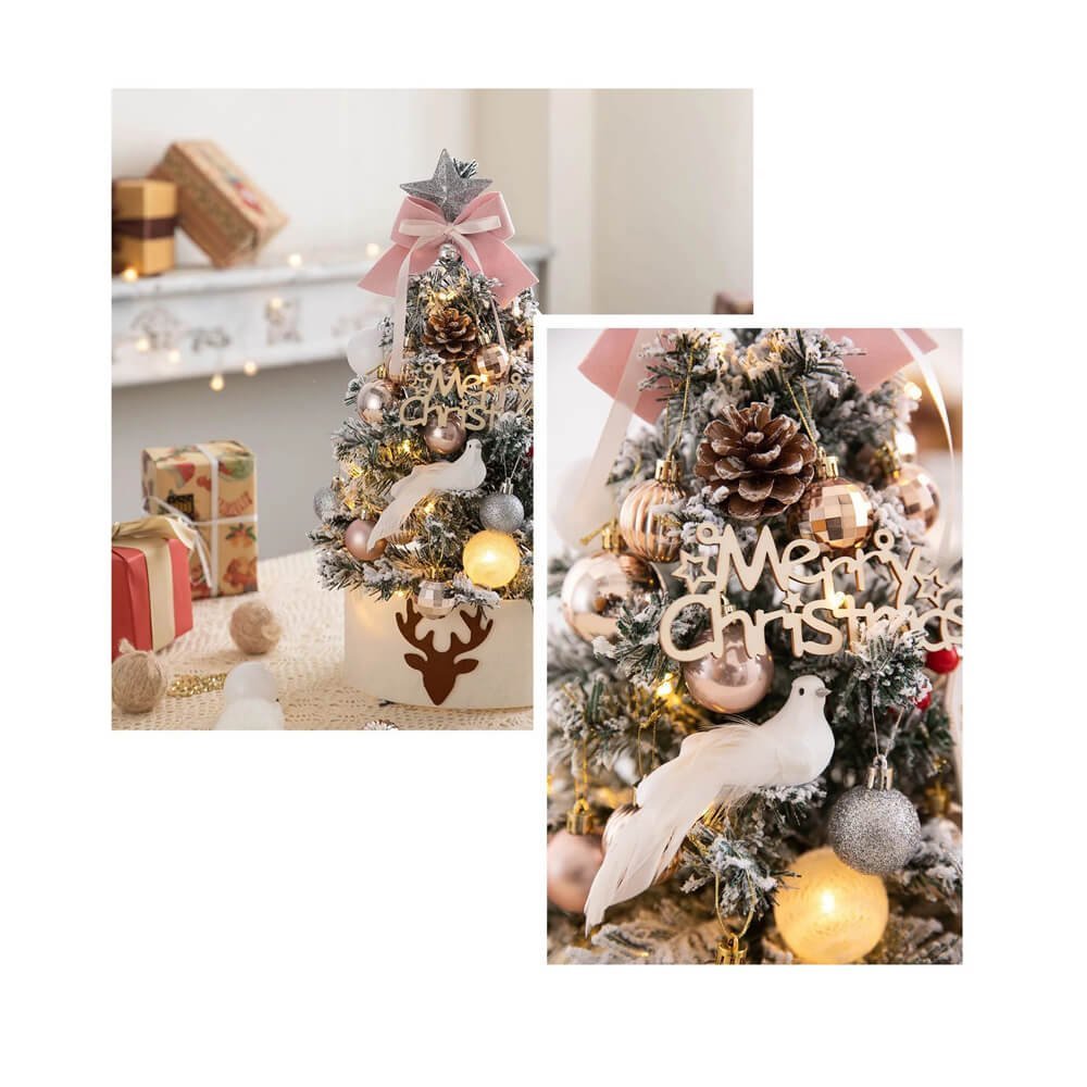 Mini Christmas Tree Set with Balls and Tree Ornaments for Ready Set Up, Ht 60cm - Pink & Gold Decor - Little Surprise BoxMini Christmas Tree Set with Balls and Tree Ornaments for Ready Set Up, Ht 60cm - Pink & Gold Decor