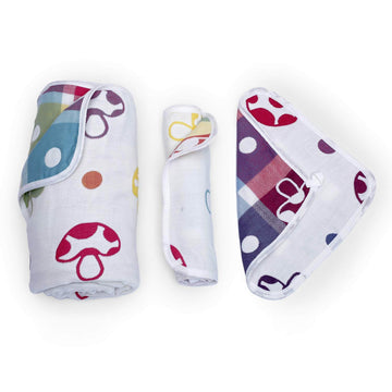 Multi color Mushroom Designed Organic Muslin Blanket, Bib and Napkin Matching Set - Little Surprise BoxMulti color Mushroom Designed Organic Muslin Blanket, Bib and Napkin Matching Set
