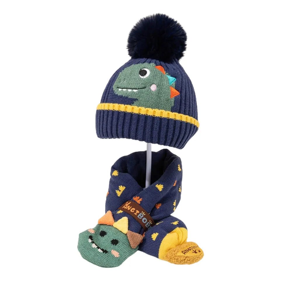 Navy Blue Dino Kids Winter Cap & Neck Muffler Set - Little Surprise BoxNavy Blue Dino Kids Winter Cap & Neck Muffler Set