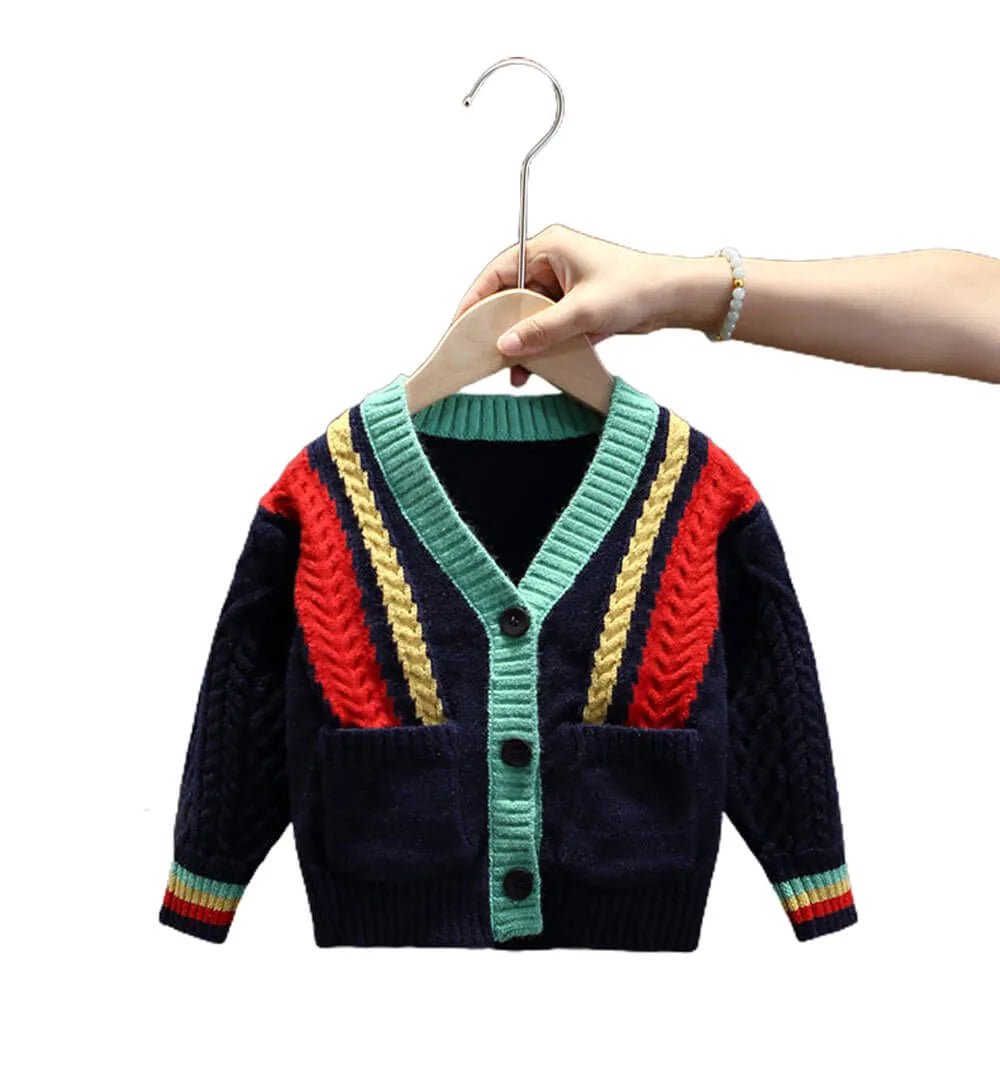 Navy Blue with Striking Bold Stripes Cardigan Sweater V neck Front Button - Little Surprise BoxNavy Blue with Striking Bold Stripes Cardigan Sweater V neck Front Button