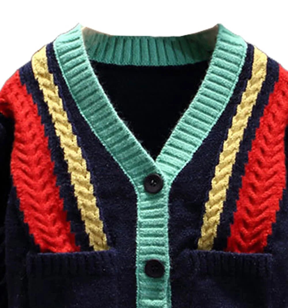 Navy Blue with Striking Bold Stripes Cardigan Sweater V neck Front Button - Little Surprise BoxNavy Blue with Striking Bold Stripes Cardigan Sweater V neck Front Button