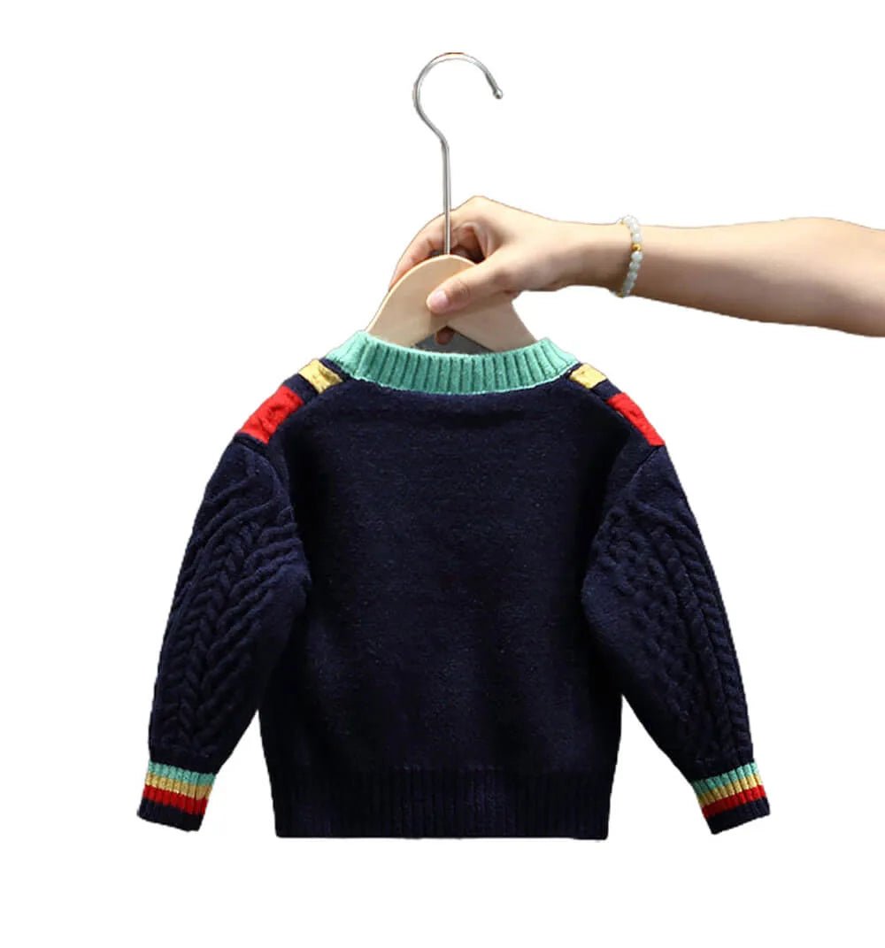 Navy Blue with Striking Bold Stripes Cardigan Sweater V neck Front Button - Little Surprise BoxNavy Blue with Striking Bold Stripes Cardigan Sweater V neck Front Button