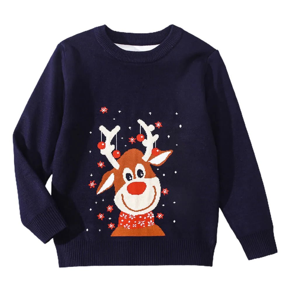 NavyBlue, Big Reindeer Face with Snow Kids Cardigan Sweater, Round Neck - Little Surprise BoxNavyBlue, Big Reindeer Face with Snow Kids Cardigan Sweater, Round Neck
