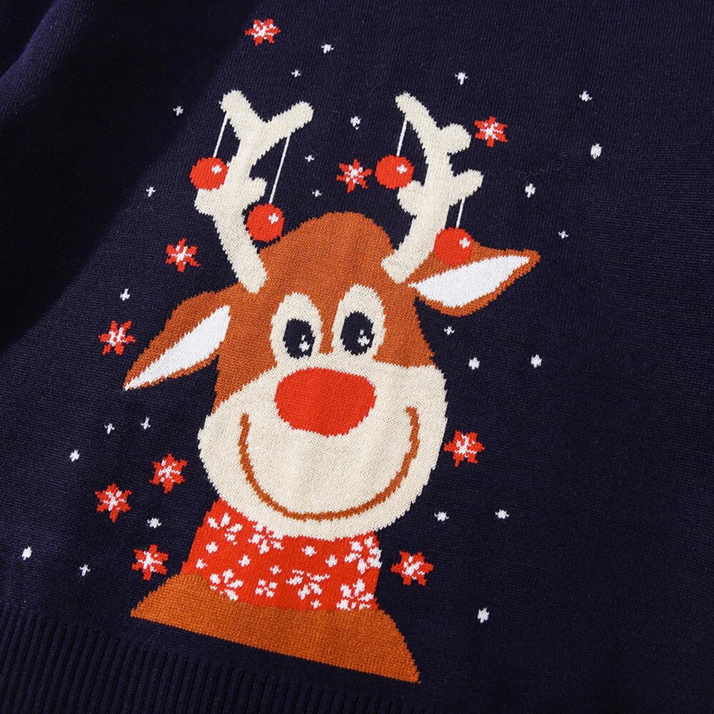 NavyBlue, Big Reindeer Face with Snow Kids Cardigan Sweater, Round Neck - Little Surprise BoxNavyBlue, Big Reindeer Face with Snow Kids Cardigan Sweater, Round Neck