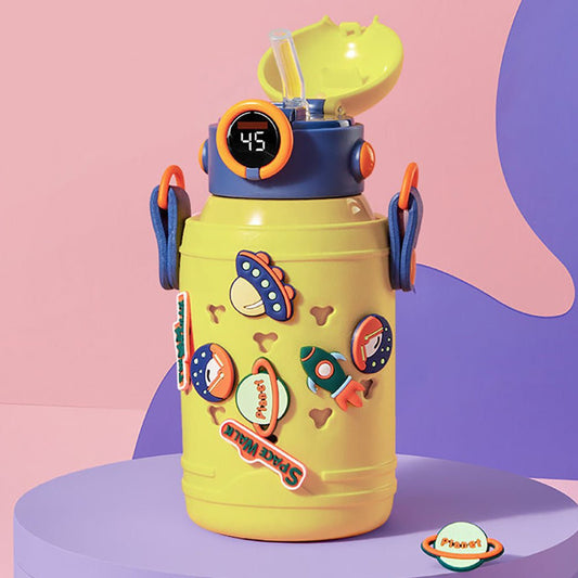 Neon Yellow Planet Fun Toy Trinkets theme temperature control Insulated Vacuum Flask Kids Stainless Steel Water Bottle with silicone cover and Thick Strap - Little Surprise BoxNeon Yellow Planet Fun Toy Trinkets theme temperature control Insulated Vacuum Flask Kids Stainless Steel Water Bottle with silicone cover and Thick Strap