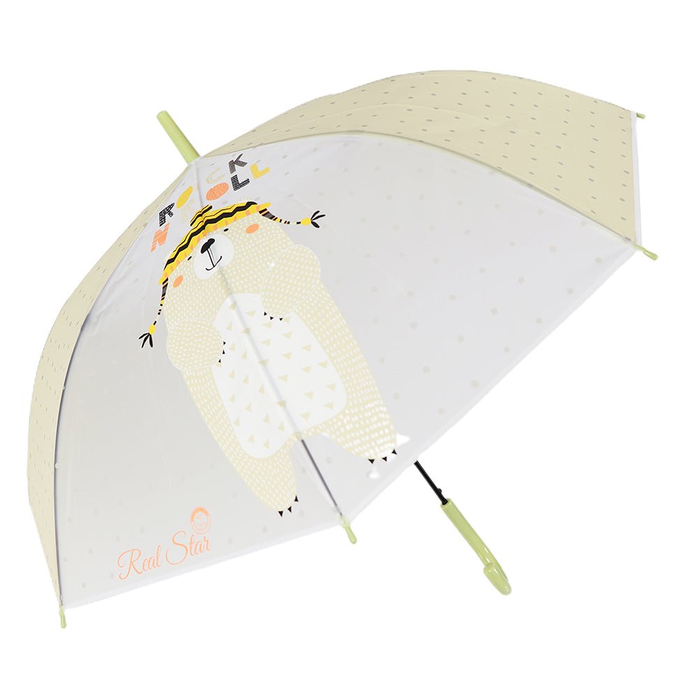 Olive Green, Translucent Rock and Roll Kelly Jo Teddy print with polka dots, Rain and All-season Umbrella for Kids & Adults - Little Surprise BoxOlive Green, Translucent Rock and Roll Kelly Jo Teddy print with polka dots, Rain and All-season Umbrella for Kids & Adults