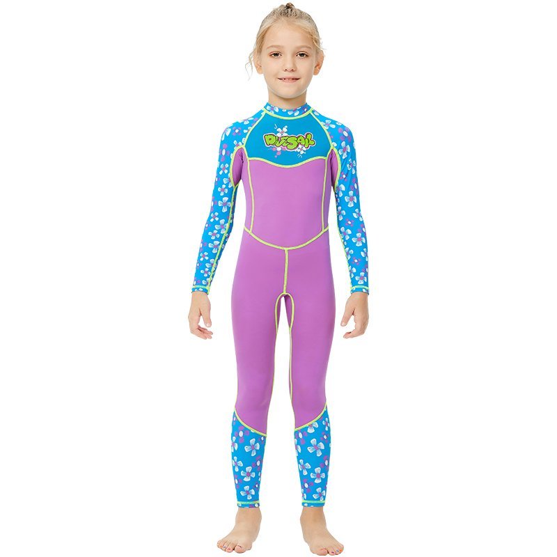 One piece FullLength Kids Swimwear Purple & Blue Floral Print, UPF 50+ with Cap - Little Surprise BoxOne piece FullLength Kids Swimwear Purple & Blue Floral Print, UPF 50+ with Cap
