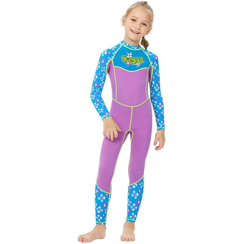 One piece FullLength Kids Swimwear Purple & Blue Floral Print, UPF 50+ with Cap - Little Surprise BoxOne piece FullLength Kids Swimwear Purple & Blue Floral Print, UPF 50+ with Cap