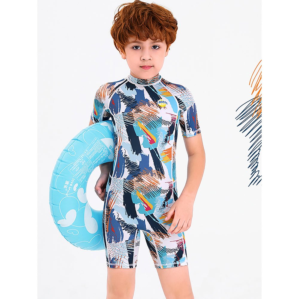 One piece Knee Length Kids Swimwear Geometric print, UPF 50+ with Cap - Little Surprise BoxOne piece Knee Length Kids Swimwear Geometric print, UPF 50+ with Cap