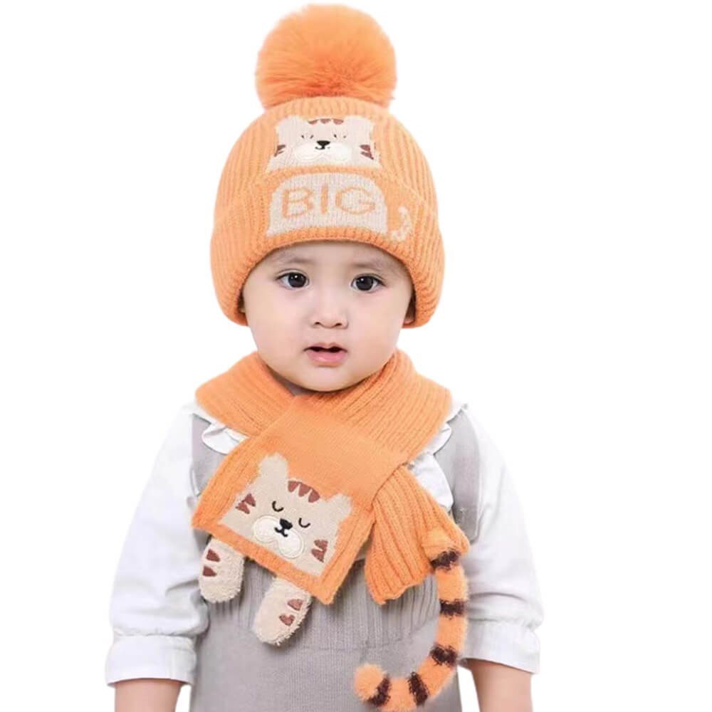 Orange Tiger woven Stretchable Woolen Winter Cap for Kids with Matching Neck Muffler Set (3-10yrs) - Little Surprise BoxOrange Tiger woven Stretchable Woolen Winter Cap for Kids with Matching Neck Muffler Set (3-10yrs)