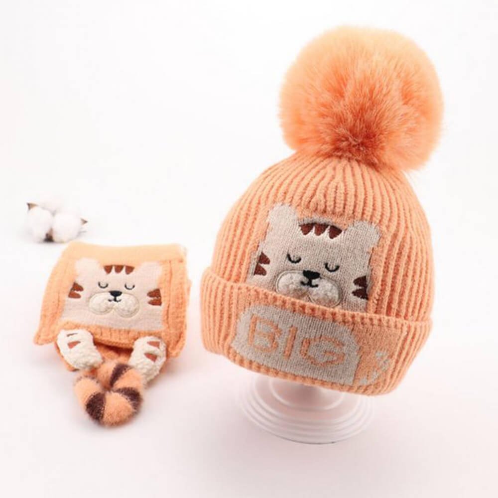 Orange Tiger woven Stretchable Woolen Winter Cap for Kids with Matching Neck Muffler Set (3-10yrs) - Little Surprise BoxOrange Tiger woven Stretchable Woolen Winter Cap for Kids with Matching Neck Muffler Set (3-10yrs)