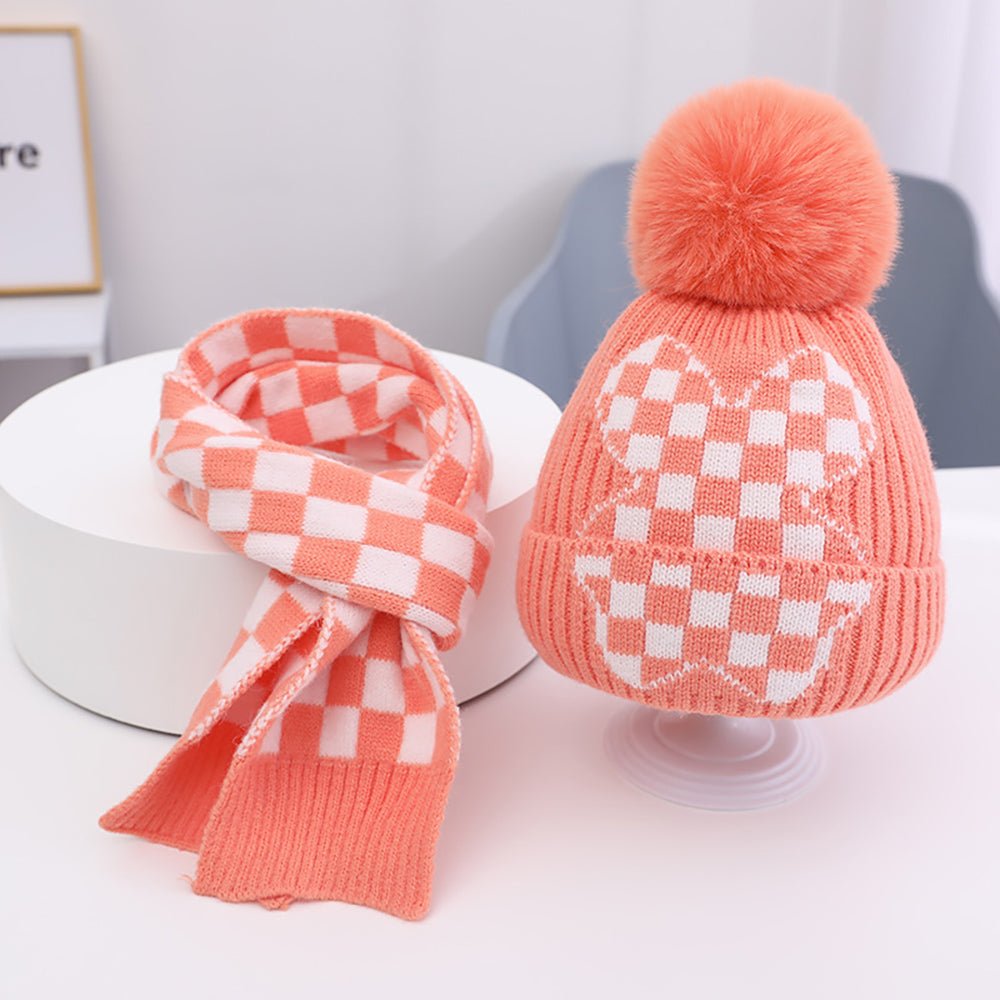 Peach Checkered Winter Cap Beanie & matching Neck Muffler 2pcs Set - Little Surprise BoxPeach Checkered Winter Cap Beanie & matching Neck Muffler 2pcs Set