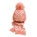 Peach Checkered Winter Cap Beanie & matching Neck Muffler 2pcs Set - Little Surprise BoxPeach Checkered Winter Cap Beanie & matching Neck Muffler 2pcs Set