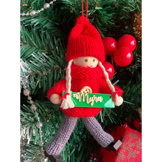 Personalized Red Turtleneck Sweater Wooden Doll - Girl Tree Ornament - Little Surprise BoxPersonalized Red Turtleneck Sweater Wooden Doll - Girl Tree Ornament