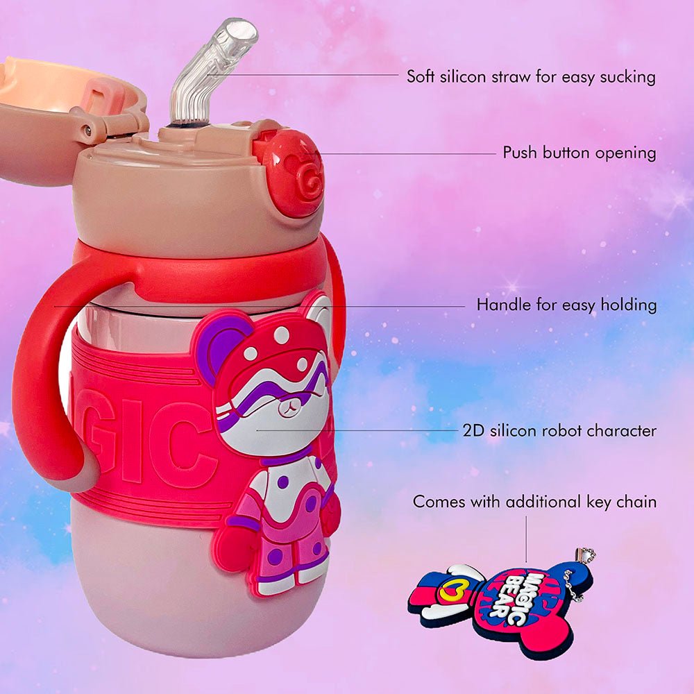 Pink 2d Magic Bear Kids Water bottle for Infants and Toddlers with Handles, 350 ML - Little Surprise BoxPink 2d Magic Bear Kids Water bottle for Infants and Toddlers with Handles, 350 ML